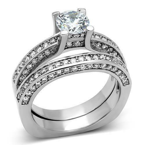 Jewellery Kingdom Wedding And Engagement CZ Cubic Zirconia Ring Set (Silver) - Jewelry Rings - British D'sire Main image