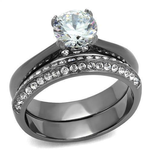 Jewellery Kingdom Wedding Engagement 130carat Gunmetal Steel Band Ladies Ring Set - Rings - British D'sire Main image