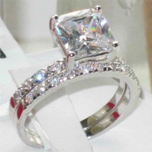 Jewellery Kingdom Wedding Engagement Band Set Princess Cut Simulated Diamonds Ring (Silver) - Jewelry Rings - British D'sire Main image