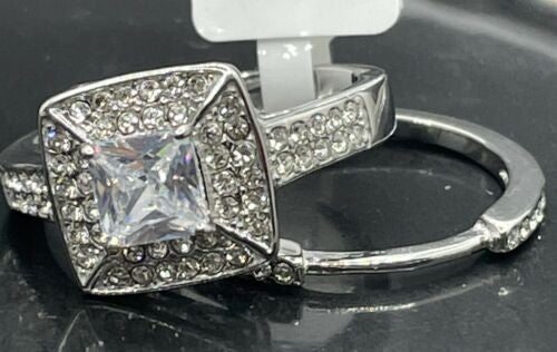 Jewellery Kingdom Wedding Engagement Princess Cut Simulated Diamonds Band Ring Set (Silver) - Engagement Rings - British D'sire Main image