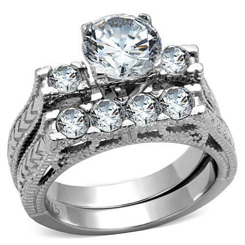 Jewellery Kingdom Wedding Engagement Set Band Cubic 4K Steel Ring (Silver) - Engagement Rings - British D'sire