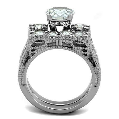 Jewellery Kingdom Wedding Engagement Set Band Cubic 4K Steel Ring (Silver) - Engagement Rings - British D'sire