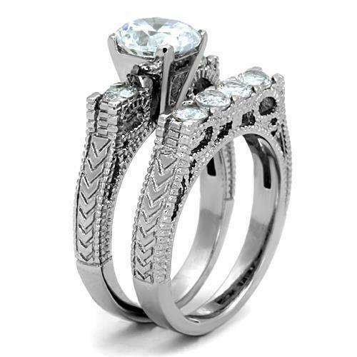Jewellery Kingdom Wedding Engagement Set Band Cubic 4K Steel Ring (Silver) - Engagement Rings - British D'sire