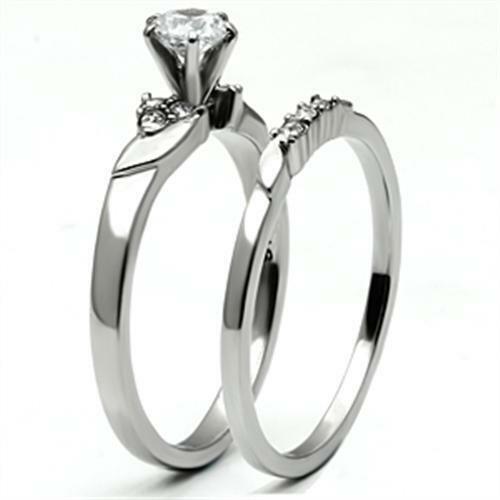 Jewellery Kingdom Wedding Engagement Set Band Ladies Cubic Zirconia Stainless Steel 2 Pieces Ring (Silver) - Engagement Rings - British D'sire