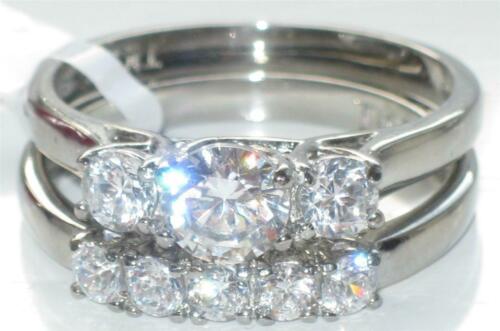 Jewellery Kingdom Wedding Engagement Set Ladies Stainless Steel Cz Three Stone 2pcs Silver Ring - Jewelry Rings - British D'sire Main image
