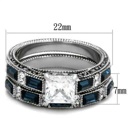 Jewellery Kingdom Wedding Set Sapphire Emerald Princess Simulated Diamonds Steel Ring (Silver) - Jewelry Rings - British D'sire