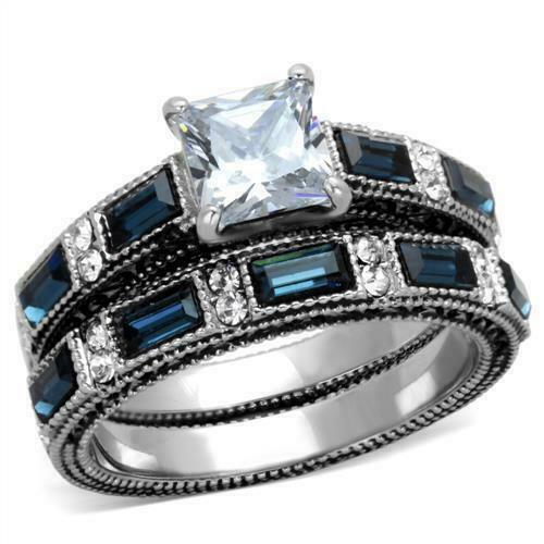Jewellery Kingdom Wedding Set Sapphire Emerald Princess Simulated Diamonds Steel Ring (Silver) - Jewelry Rings - British D'sire