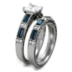 Jewellery Kingdom Wedding Set Sapphire Emerald Princess Simulated Diamonds Steel Ring (Silver) - Jewelry Rings - British D'sire