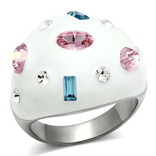 Jewellery Kingdom White Dome Pink Sapphire Blue Topaz Stainless Steel Cocktail Ring (Silver) - Jewelry Rings - British D'sire