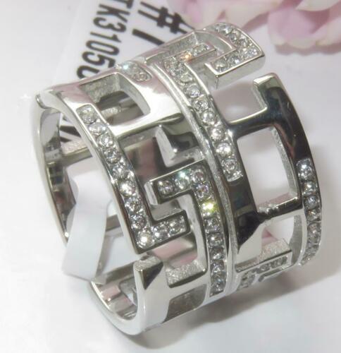 Jewellery Kingdom Wide Stainless Steel CZ Flat Ladies Greek Key Band Ring (Silver) - Rings - British D'sire