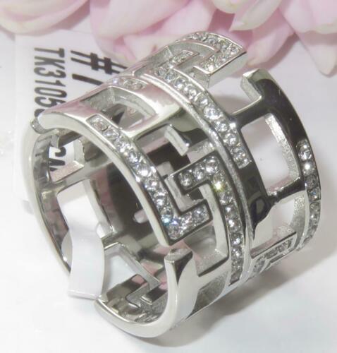 Jewellery Kingdom Wide Stainless Steel CZ Flat Ladies Greek Key Band Ring (Silver) - Rings - British D'sire