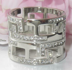 Jewellery Kingdom Wide Stainless Steel CZ Flat Ladies Greek Key Band Ring (Silver) - Rings - British D'sire