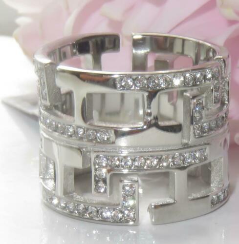 Jewellery Kingdom Wide Stainless Steel CZ Flat Ladies Greek Key Band Ring (Silver) - Rings - British D'sire