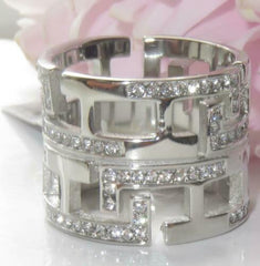 Jewellery Kingdom Wide Stainless Steel CZ Flat Ladies Greek Key Band Ring (Silver) - Rings - British D'sire