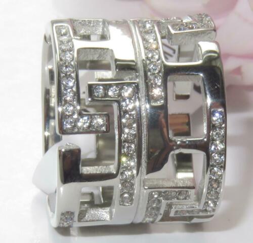 Jewellery Kingdom Wide Stainless Steel CZ Flat Ladies Greek Key Band Ring (Silver) - Rings - British D'sire