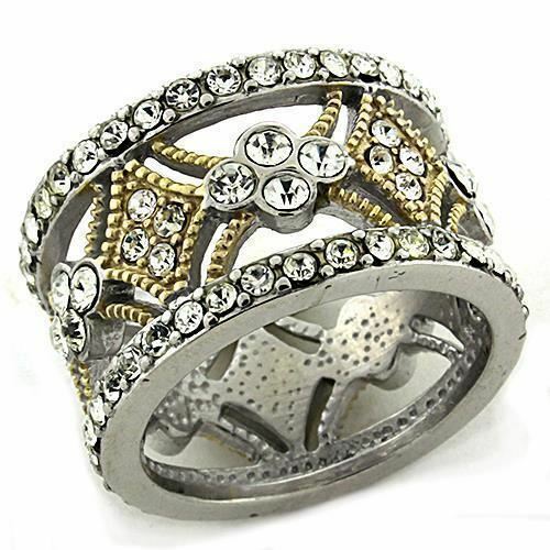Jewellery Kingdom Wide Sterling Silver Full Eternity 18KT Ladies Gold Silver Band Ring - Jewelry Rings - British D'sire Main image