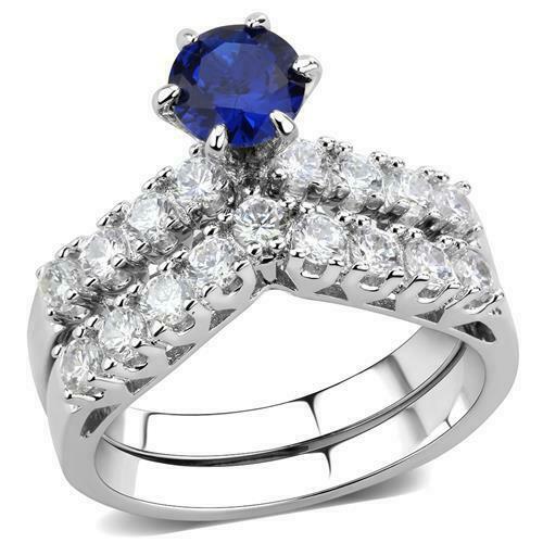 Jewellery Kingdom Wishbone Sapphire Ladies Engagement Wedding Band Ring Set (Silver &Blue) - Engagement Rings - British D'sire Main image