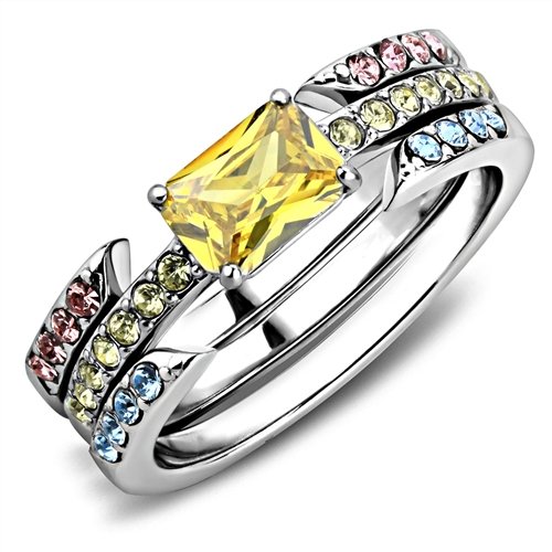 Jewellery Kingdom Yellow Emerald Cut Cubic Zirconia Wedding Band Engagement Multi Ladies Citrine Ring Set - Jewelry Rings - British D'sire Main image