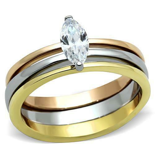 Jewellery Kingdom Yellow Stainless Steel Wedding Bands 15 CT Marquise Ring Set ( Rose Gold) - Rings - British D'sire Main image