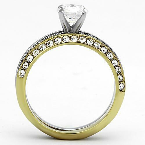 Jewellery Kingdom1.50ct Band Cubic Zirconia Stainless Steel Pave Wedding Engagement Ring Set (Gold & Silver) - Jewelry Rings - British D'sire