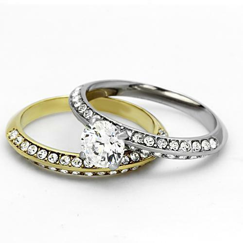 Jewellery Kingdom1.50ct Band Cubic Zirconia Stainless Steel Pave Wedding Engagement Ring Set (Gold & Silver) - Jewelry Rings - British D'sire