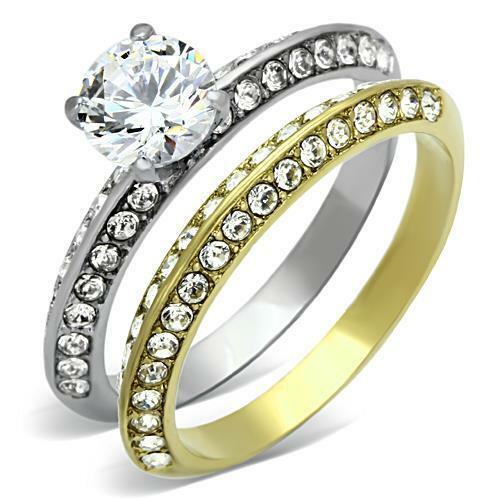 Jewellery Kingdom1.50ct Band Cubic Zirconia Stainless Steel Pave Wedding Engagement Ring Set (Gold & Silver) - Jewelry Rings - British D'sire