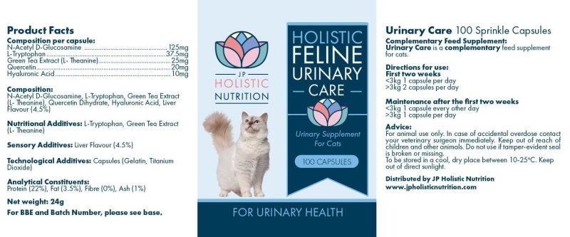 JP Holistic Urinary Supplement For Cats - Urinary Health and Bladder Support for Cats with Glycosaminoglycans, 30 Capsules - Pet Supplies - British D'sire