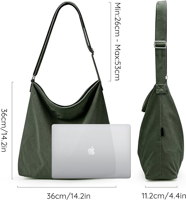 KALIDI Women's Thickened Corduroy Tote Bag with Zip Waterproof Shoulder Bag with Pockets Casual Crossbody Handbags with Adjustable Shoulder Straps for School, College, Work - British D'sire
