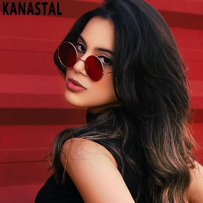 KANASTAL Round Sunglasses 100% Polarised for Women Men, Retro Sunglasses Circle Wire Metal Frame Flat Lens, Cosplay Glasses UV400 Protection - British D'sire