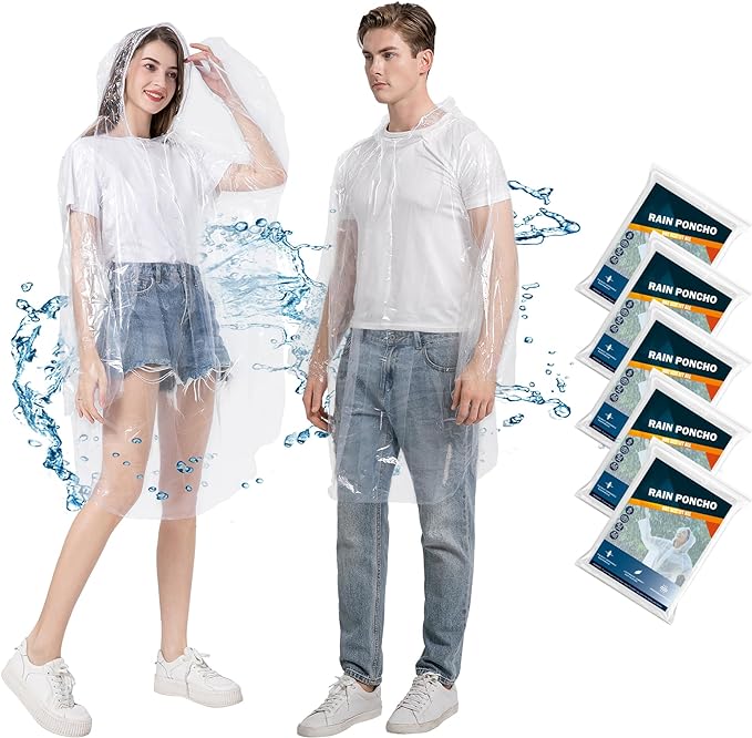 KASU 5 Pack Poncho Waterproof, Thick Disposable Rain Poncho for Adult - Pac a Mac with Drawstring Hood for Outdoor Recreation, Festivals, Camping, Hiking - British D'sire Main image