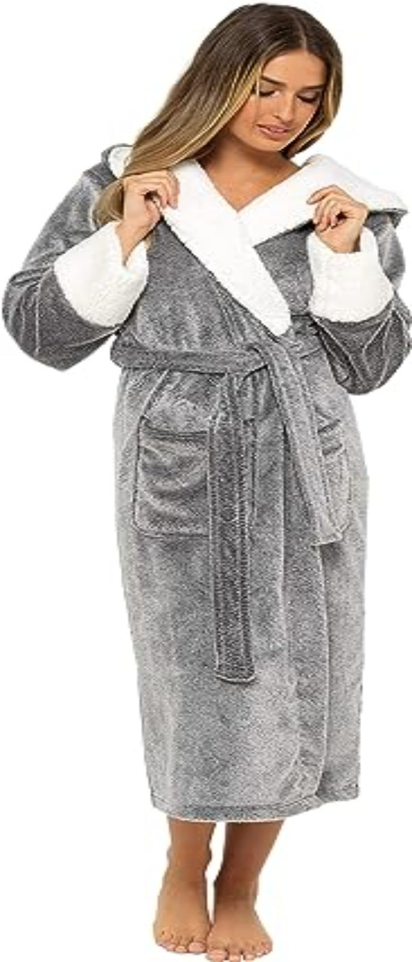 KATE MORGAN Ladies Dressing Gown Fluffy Super Soft Hooded Bathrobe for Women Plush Fleece Perfect Loungewear Long Robe | Gifts for Women - Women's Robes - British D'sire