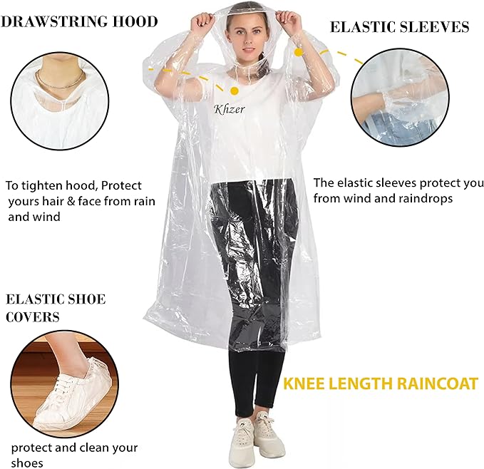 KHZER Disposable Poncho 5PCS Waterproof Adult Rain Coat Lightweight Unisex Waterproof Jacket- Emergency Rain Poncho with Drawstring Hood and Shoe Covers - British D'sire