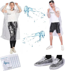 KHZER Disposable Poncho 5PCS Waterproof Adult Rain Coat Lightweight Unisex Waterproof Jacket- Emergency Rain Poncho with Drawstring Hood and Shoe Covers - British D'sire