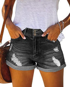 KISSMODA Women's Denim Shorts Rolled Hem Hot High Waisted Ripped Pants Shorts - Women's Shorts and tops Sets - British D'sire