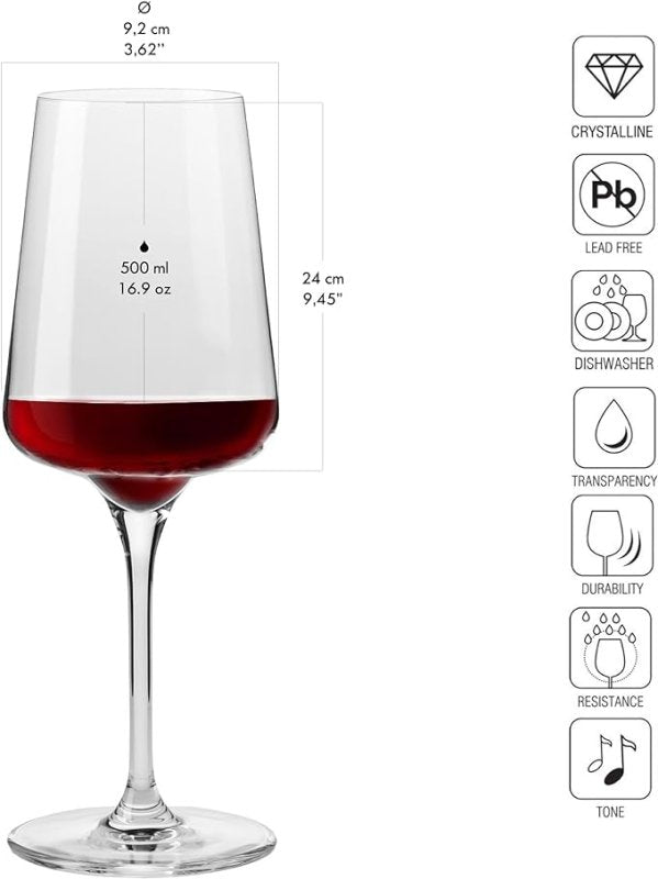 Krosno Red Wine Glasses Large Wine Glass | Elegant Design | Set of 6 Glasses | 500 ML | Infinity Collection | Wine Tasting Set White Wine Glasses | Ideal for Home, Restaurant & Party | Dishwasher Safe - British D'sire
