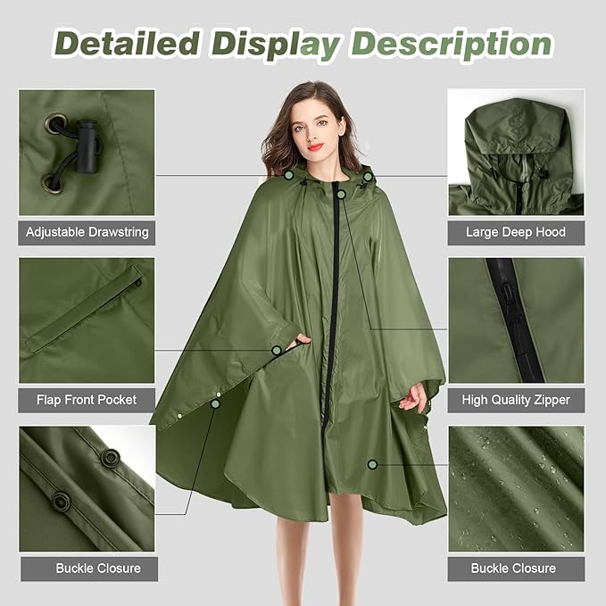 LAMA Waterproof Rain Poncho, Lightweight Reusable Rain Poncho Coat, Hiking Rain Coat Jacket with Hood and Carry Pouch for Adults Women Men, Outdoor Activities - British D'sire