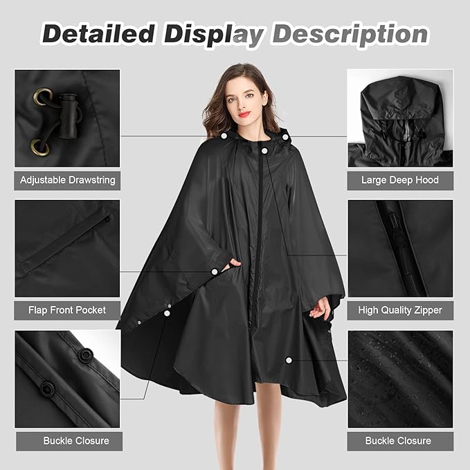 LAMA Waterproof Rain Poncho, Lightweight Reusable Rain Poncho Coat, Hiking Rain Coat Jacket with Hood and Carry Pouch for Adults Women Men, Outdoor Activities - British D'sire