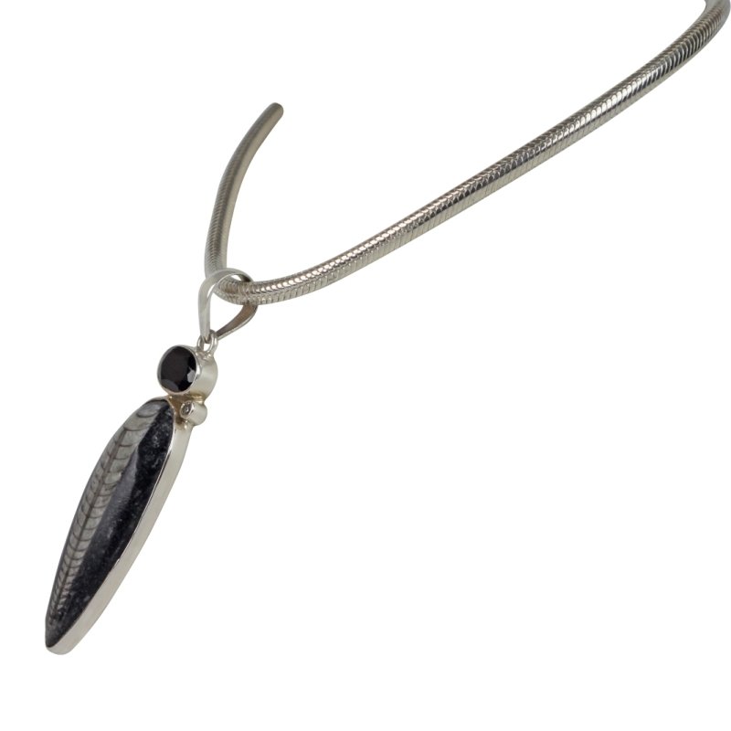 Lanog Inverted Teardop Shaped Natural Orthocerase fossils Pendant Accent with a Black Spinal and Natural Crystal Secondary image