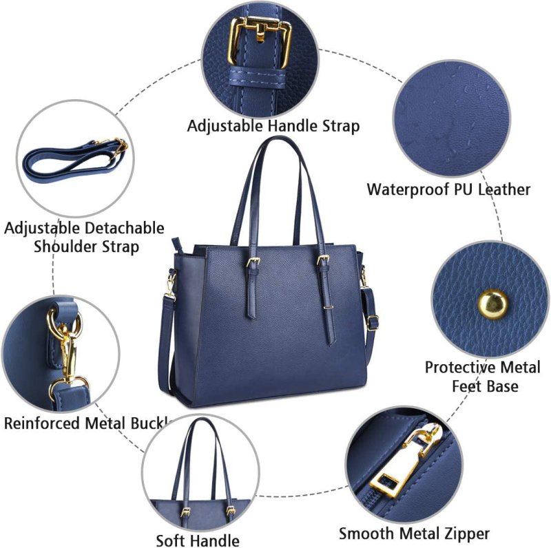 Laptop Bags for Women Large Leather Handbags Ladies Laptop Tote Bag Business Work Shoulder Bag Lightweight 15.6 Inch Blue - Totes & Shoulder Bags - British D'sire