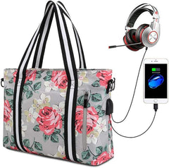 Laptop Tote Bag Women Work Handbag 17.3" Floral Shoulder Bag Girls Carrying Messenger Fits Notebook with USB RFID Anti Theft (Grey) - British D'sire