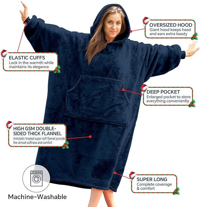 Lengthened Oversized Blanket Hoodie Wearable Blanket Sweatshirt Women - Hoodie Blanket Hooded Blanket Women and Men, Super Warm Blanket Sleeves and Giant Pocket (Navy, Extra Long) - British D'sire