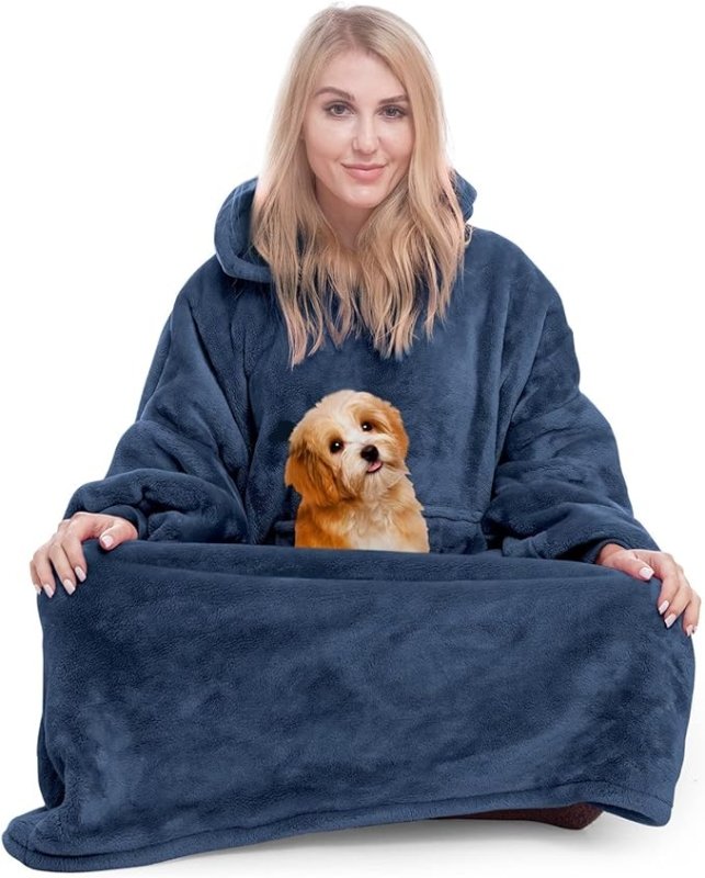 Lengthened Oversized Blanket Hoodie Wearable Blanket Sweatshirt Women - Hoodie Blanket Hooded Blanket Women and Men, Super Warm Blanket Sleeves and Giant Pocket (Navy, Extra Long) - British D'sire