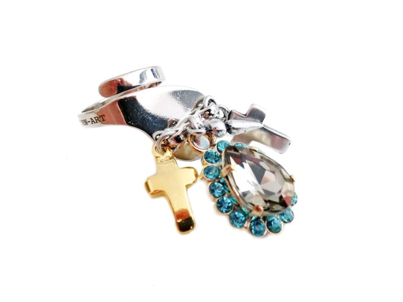 Light blu rhinestones statement ring with silver plated brass, antique silver, gold charms and logo engraved. Trendy jewelry, trendy rings. - Rings - British D'sire