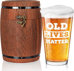 LIGHTEN LIFE Old Lives Matter Beer Glass 16 oz,Unique Pint Glass in Barrel Box,Cool Birthday or Retirement Gfit for Husband,Dad,Grandpa,Senior Citizen,Over The Hill Gag Gifts for Old Men - British D'sire
