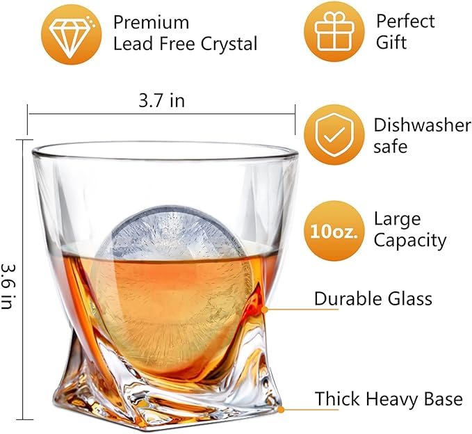 LIGHTEN LIFE Whiskey Glass Set-(2 Whisky Tumbler,2 Ice Molds & 2 Coasters in Gift Box,Non-Lead Old Fashioned Glass for Bourbon Scotch,Whiskey Rock Glasses with Ice Mold Whiskey Gift Set - British D'sire