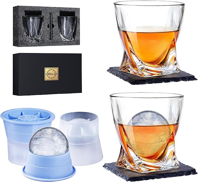 LIGHTEN LIFE Whiskey Glass Set-(2 Whisky Tumbler,2 Ice Molds & 2 Coasters in Gift Box,Non-Lead Old Fashioned Glass for Bourbon Scotch,Whiskey Rock Glasses with Ice Mold Whiskey Gift Set - British D'sire
