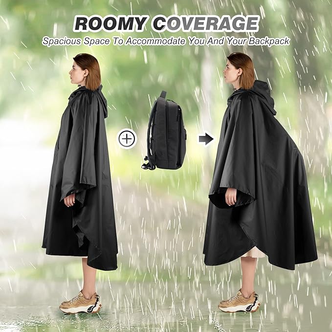 Lively Life Lightweight Waterproof Rain Poncho for Women Men, Windproof Reusable Ripstop Breathable Raincoat with Hood for Outdoor Activities Quick Dry Hooded Raincoat Free Size - Black Secondary image