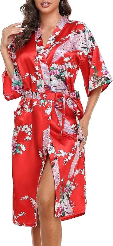 Lovasy Kimono Dressing Gowns Satin Kimono Robe Peacock And Blossoms Silk Dressing Gown for Women UK Long Silk Bride and Bridesmaid Robes - British D'sire