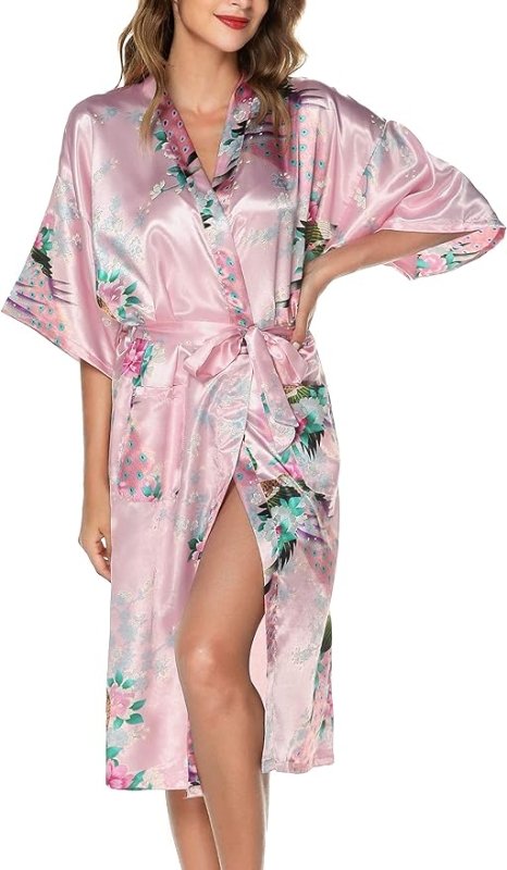 Lovasy Kimono Dressing Gowns Satin Kimono Robe Peacock And Blossoms Silk Dressing Gown for Women UK Long Silk Bride and Bridesmaid Robes - British D'sire