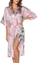 Lovasy Kimono Dressing Gowns Satin Kimono Robe Peacock And Blossoms Silk Dressing Gown for Women UK Long Silk Bride and Bridesmaid Robes - British D'sire